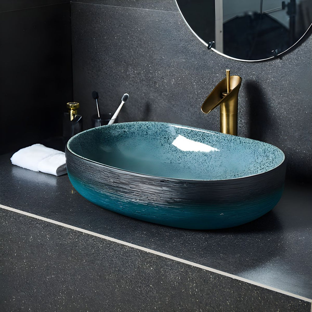 Traditional Vessel Sink Vitreous China Oval with Pop-Up Drain Bathroom Sink