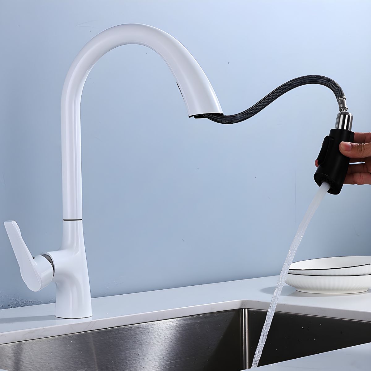 Pure Color Kitchen Faucet Rust Resistant Single Lever Handle Swivel Spout