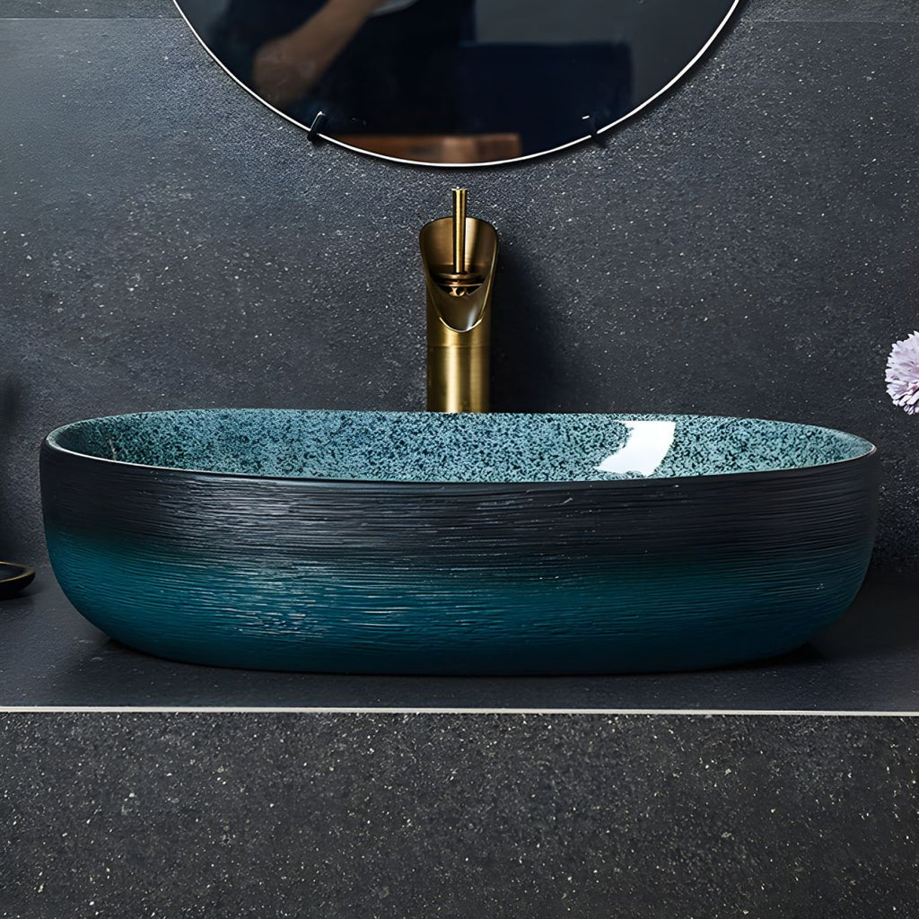 Traditional Vessel Sink Vitreous China Oval with Pop-Up Drain Bathroom Sink