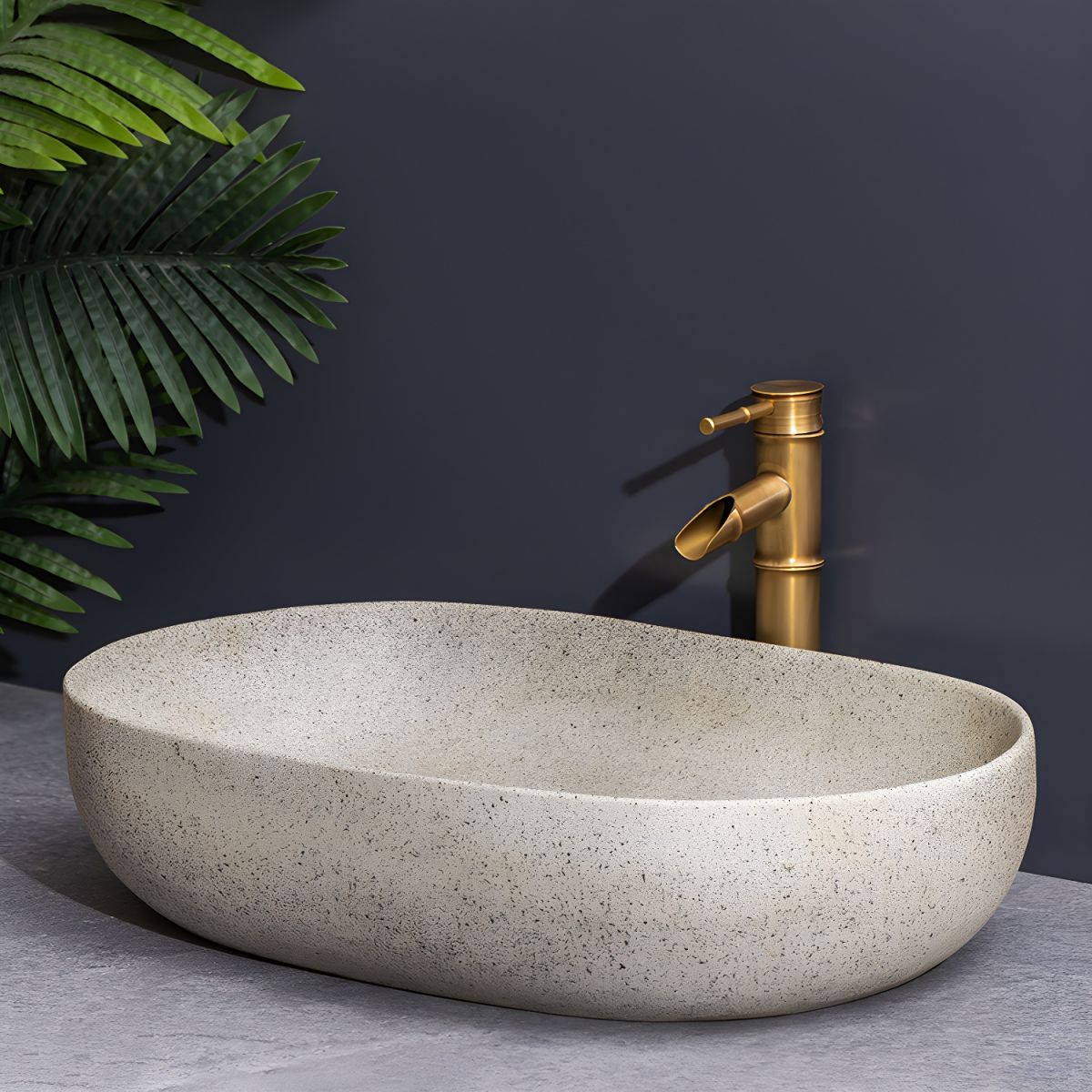 Modern Beige Ceramic Oval Vessel Sink with Center Drain, 23.6"L x 15.7"W x 5.9"H
