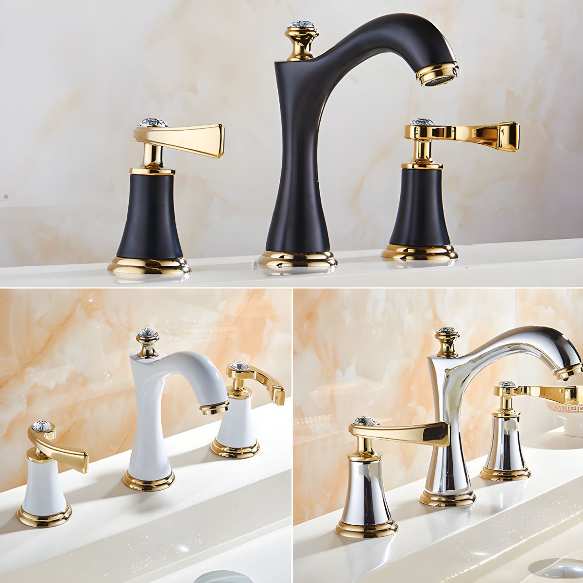 Widespread Faucet Glam Style 2 Lever Handles Faucet for Bathroom - White/Gold