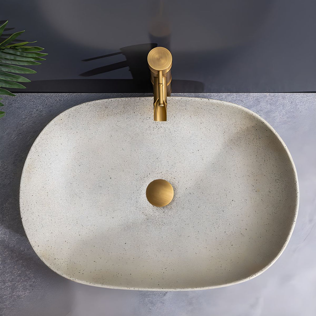 Modern Beige Ceramic Oval Vessel Sink with Center Drain, 23.6"L x 15.7"W x 5.9"H
