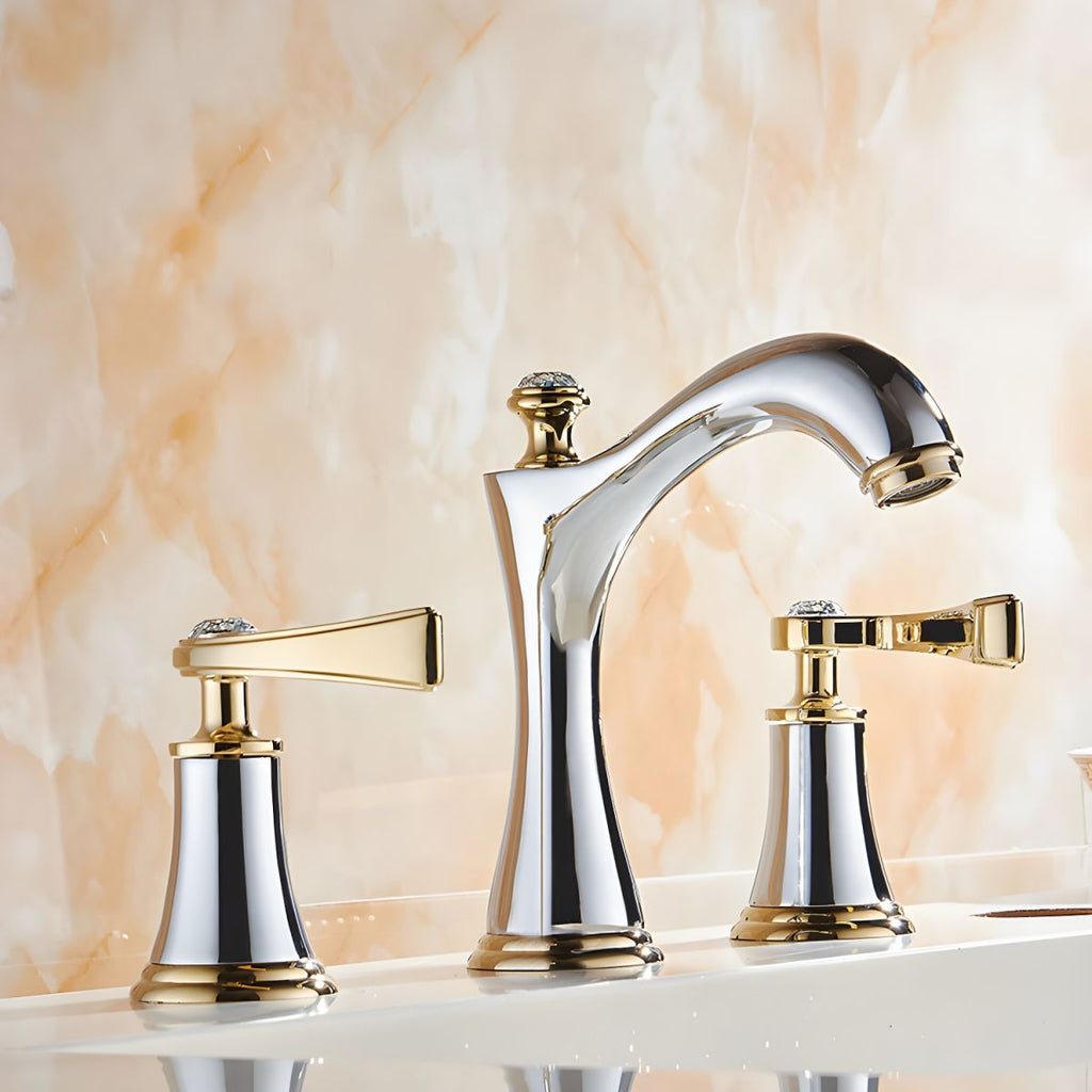 Widespread Faucet Glam Style 2 Lever Handles Faucet for Bathroom - White/Gold