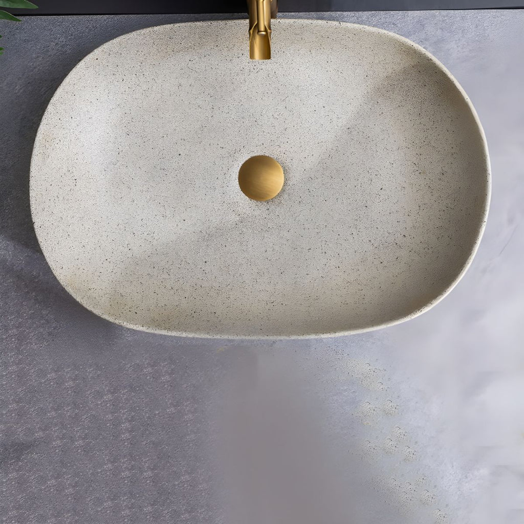 Modern Beige Ceramic Oval Vessel Sink with Center Drain, 23.6"L x 15.7"W x 5.9"H