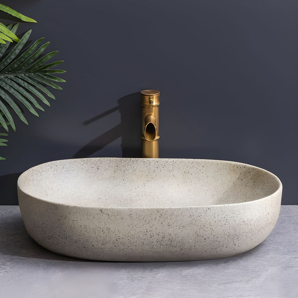 Modern Beige Ceramic Oval Vessel Sink with Center Drain, 23.6"L x 15.7"W x 5.9"H
