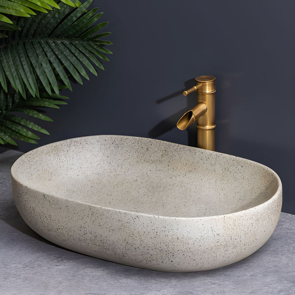 Modern Beige Ceramic Oval Vessel Sink with Center Drain, 23.6"L x 15.7"W x 5.9"H