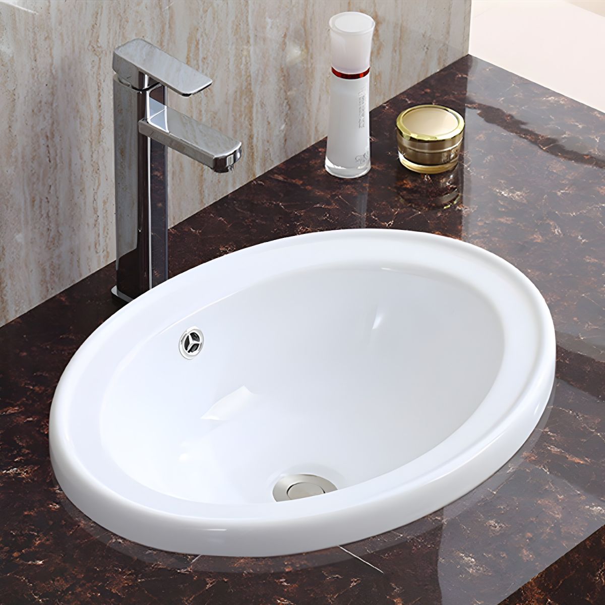 Traditional Drop-in Bathroom Sink Oval Porcelain with Faucet Basin Sink